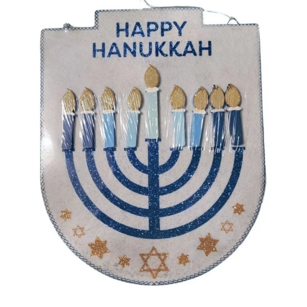 Happy Hanukkah Sign, Menorah Wall Decor By Ashland - Blue & Gold Glitter Shield